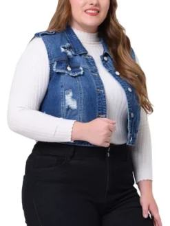 Agnes Orinda Women's Plus Size Sleeveless Chest Pockets Button-Up Denim Vests