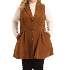 Agnes Orinda Women's Plus Size Ribbed Corduroy Single Breasted Casual Pocket Peplum Hem Long Vest