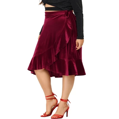 Agnes Orinda Women's Plus Size Skirt Ruffled Hem Velvet Wrap Skirts 1 Agnes Orinda Women's Plus Size Skirt Ruffled Hem Velvet Wrap Skirts