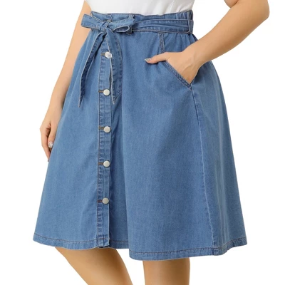 Agnes Orinda Women's Plus Size Denim Tie Waist Button Front A-Line Midi Skirts 6 Agnes Orinda Women's Plus Size Denim Tie Waist Button Front A-Line Midi Skirts - Image 6