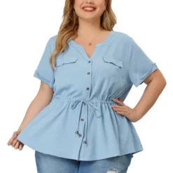 Agnes Orinda Women's Plus Size Drawstring Waist Button Down Chambray Blouse -Agnes Sales Store GUEST e566b2f0 29b3 4df2 ab0f 0879c4548b80