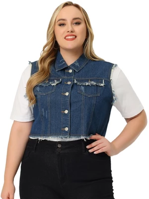 Agnes Orinda Women's Plus Size Jean Raw Hem Button Down Sleeveless Crop Denim Vest 2 Agnes Orinda Women's Plus Size Jean Raw Hem Button Down Sleeveless Crop Denim Vest - Image 2