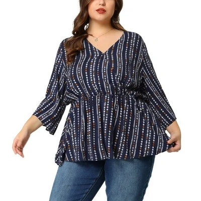 Agnes Orinda Women's Plus Size Peplum Fall V Neck Boho Striped Babydoll Blouses 6 Agnes Orinda Women's Plus Size Peplum Fall V Neck Boho Striped Babydoll Blouses - Image 6