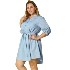 Agnes Orinda Women's Plus Size 3/4 Sleeve Belted High Low Hem Chambray T-Shirt Dress