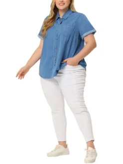 Agnes Orinda Plus Size Button Down Shirt For Women Denim Roll Sleeve Stand Collar Chambray Shirts Top
