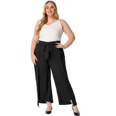 Agnes Orinda Women's Plus Size Split Wide Leg Tie Knot High Rise Palazzo Formal Outfits Pants 2 Agnes Orinda Women's Plus Size Split Wide Leg Tie Knot High Rise Palazzo Formal Outfits Pants - Image 2