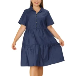 Agnes Orinda Women's Plus Size Babydoll Half Placket Elastic Back Button Chambray Dresses -Agnes Sales Store GUEST e7401aa0 228b 46c9 bd52 4608042ac24e