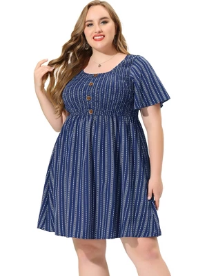 Agnes Orinda Women's Plus Size Stripe Boho Smock Swing Dresses 2 Agnes Orinda Women's Plus Size Stripe Boho Smock Swing Dresses - Image 2