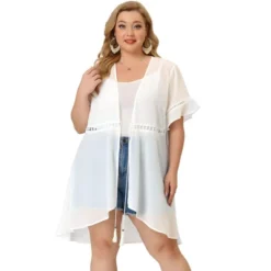 Agnes Orinda Women's Plus Size Hollow Out Ruffle Short Sleeve Midi Spring Cardigans -Agnes Sales Store GUEST e7877f9e c049 49d3 964f 5865415694af