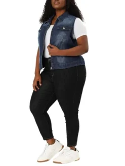 Agnes Orinda Women's Plus Size Trucker Zipper Front Sleeveless Denim Jacket Vests