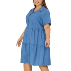 Agnes Orinda Women's Plus Size Babydoll Half Placket Elastic Back Button Chambray Dresses -Agnes Sales Store GUEST e87d7a99 e0bd 4b4f 86a4 f48b9f57df40