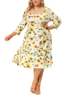 Agnes Orinda Women's Plus Size 3/4 Sleeve Sweetheart Neck Floral Midi Dress