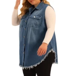 Agnes Orinda Women's Plus Size Button Up Frayed Hem Shacket Sleeveless Pockets Denim Vests