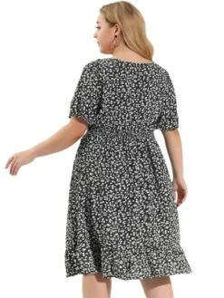 Agnes Orinda Women's Plus Size Ruffle Hem Smocked Waist Floral MIdi Shirt Dress -Agnes Sales Store GUEST e98a18fc 769e 45ac 81d7 377555f334ac