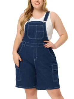 Agnes Orinda Women's Plus Size Denim Overalls Cross Back Cargo Pocket Adjustable Strap Jeans Shortalls