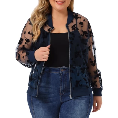 Agnes Orinda Women's Plus Size Bomber Mesh Sheer Floral Lace Long Sleeve Jackets 8 Agnes Orinda Women's Plus Size Bomber Mesh Sheer Floral Lace Long Sleeve Jackets - Image 8