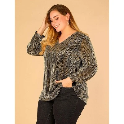 Agnes Orinda Women's Plus Size Glitter Sparkle V Neck Metallic Party Sequin Blouse 3 Agnes Orinda Women's Plus Size Glitter Sparkle V Neck Metallic Party Sequin Blouse - Image 3