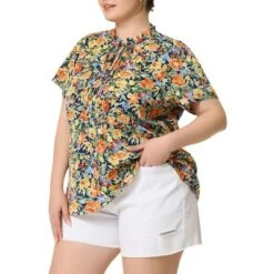 Agnes Orinda Women's Plus Size Self Tie Ruffle Pleated Floral Blouse -Agnes Sales Store GUEST eae828be 1192 44ac a719 41790bc37e30
