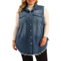 Agnes Orinda Women's Plus Size Button Up Frayed Hem Shacket Sleeveless Pockets Denim Vests -Agnes Sales Store GUEST eb979018 c9cd 4e8a 8774 587e83527a71