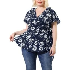 Agnes Orinda Women's Plus Size Ruffle Neck Floral Wrap Tie Waist Blouse -Agnes Sales Store GUEST eba4dcd4 05f5 439a 8136 4a5b2325aabc