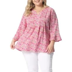 Agnes Orinda Women's Plus Size Pleated Ruffle 3/4 Sleeves V Neck Floral Blouse -Agnes Sales Store GUEST ebaa8da6 1b6f 4677 b2d3 03b780a9c454