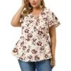 Agnes Orinda Women's Plus Size Ruffle Neck Floral Wrap Tie Waist Blouse