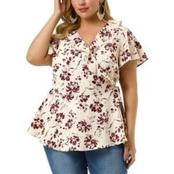 Agnes Orinda Women's Plus Size Ruffle Neck Floral Wrap Tie Waist Blouse