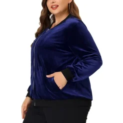 Agnes Orinda Women's Plus Size Velvet Zipper Slant Pocket Long Sleeve Casual Jackets