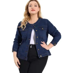Agnes Orinda Women's Plus Size Jean Jacket Long Sleeves Collarless Denim Jacket -Agnes Sales Store GUEST f0705c1d f43a 48f0 aba4 3b18ca5da757