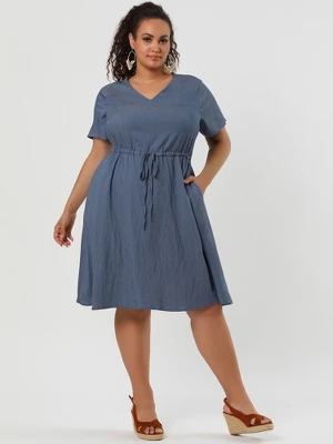 Agnes Orinda Women's Plus Size Tie Waist Short Sleeve Chambray Shirtdress 2 Agnes Orinda Women's Plus Size Tie Waist Short Sleeve Chambray Shirtdress - Image 2