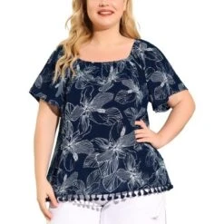 Agnes Orinda Women's Plus Size Blouse Floral Off Shoulder Tassel Hem Casual Top -Agnes Sales Store GUEST f10a73ef 09c1 4ed4 9aef b7b3ca520563