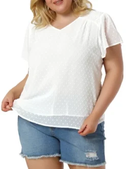 Agnes Orinda Women's Plus Size Pin Dots V Neck Smocked Bell Short Sleeve Top