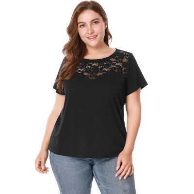 Agnes Orinda Women's Plus Size Lace Insert Short Sleeves Round Neck T-shirts 2 Agnes Orinda Women's Plus Size Lace Insert Short Sleeves Round Neck T-shirts - Image 2