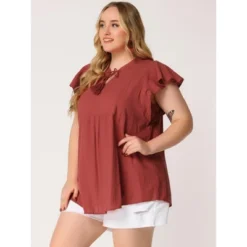 Agnes Orinda Women's Plus Size Flutter Sleeve Drawstring Flowy Summer Split V Neck Tunic Top