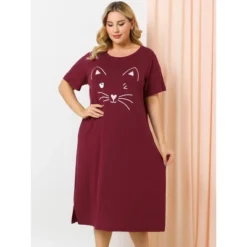 Agnes Orinda Womens Plus Size Short Sleeve Cute Cat Print Pockets Nightgown
