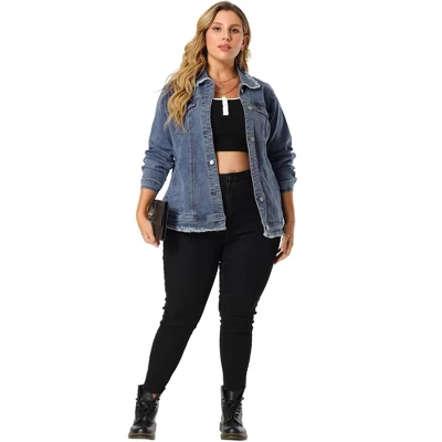 Agnes Orinda Women's Plus Size Denim Chest Pocket Frayed Washed Crop Jean Jackets 2 Agnes Orinda Women's Plus Size Denim Chest Pocket Frayed Washed Crop Jean Jackets - Image 2