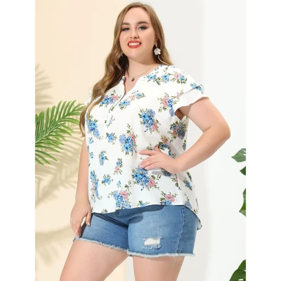 Agnes Orinda Women's Plus Size Layered Sleeve V Neck Floral Print Ruffle Casual Blouses 2 Agnes Orinda Women's Plus Size Layered Sleeve V Neck Floral Print Ruffle Casual Blouses - Image 2