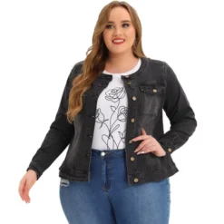 Agnes Orinda Women's Plus Size Jean Jacket Long Sleeves Collarless Denim Jacket -Agnes Sales Store GUEST f5936ef0 d349 45b4 b1da d1f8e261b279
