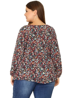 Agnes Orinda Women's Plus Size V Neck Button Up Ruffle Floral Long Sleeve Tunic Peplum Blouse 3 Agnes Orinda Women's Plus Size V Neck Button Up Ruffle Floral Long Sleeve Tunic Peplum Blouse - Image 3