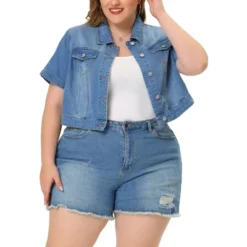 Agnes Orinda Women Plus Size Denim Jacket Crop Fray Roll Short Sleeves Jean Jackets -Agnes Sales Store GUEST f63fd3c2 02f6 4c2e b5a2 9fc3fdd9ccb8