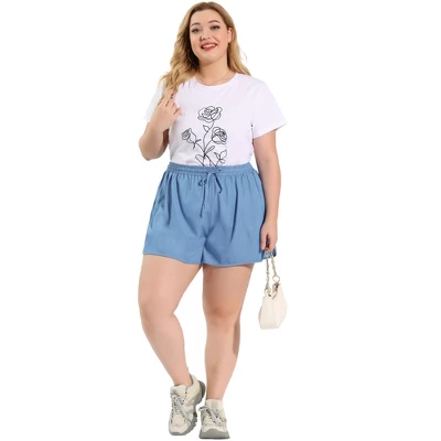 Agnes Orinda Women's Plus Size Denim Short Drawstring Elastic Waist Slant Pockets Shorts Light 2 Agnes Orinda Women's Plus Size Denim Short Drawstring Elastic Waist Slant Pockets Shorts Light - Image 2