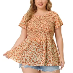 Agnes Orinda Women's Plus Size Chiffon Smock Waist Ditsy Floral Peplum Blouse