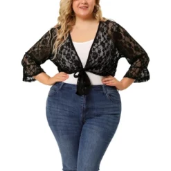 Agnes Orinda Women's Plus Size Tie Front Lace Hollow Out Crop Shrug -Agnes Sales Store GUEST f76018b1 3f07 444f aa52 5d498067d98a