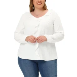 Agnes Orinda Plus Size Blouse For Women Elegant Long Sleeve Ruffle Trim V Neck Office Blouses Tops -Agnes Sales Store GUEST f765e1c3 d0a1 40be a24f b3625091ee41