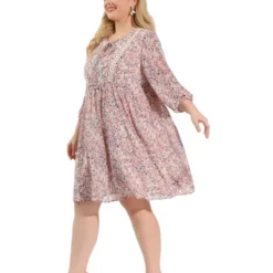 Agnes Orinda Women's Plus Size 3/4 Sleeves Babydoll Floral Flare Reteo Dress