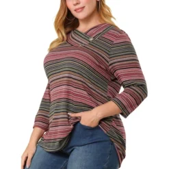 Agnes Orinda Women' S Plus Size 3/4 Sleeve V Neck Stripe Boho Knit Casual Blouse -Agnes Sales Store GUEST f7bf40a3 4a12 415a ab8f cf49b40130bc