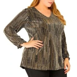 Agnes Orinda Women's Plus Size Glitter Sparkle V Neck Metallic Party Sequin Blouse