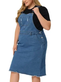 Agnes Orinda Women's Plus Size Overall Distressed Racerback Jean Denim Suspender Dress