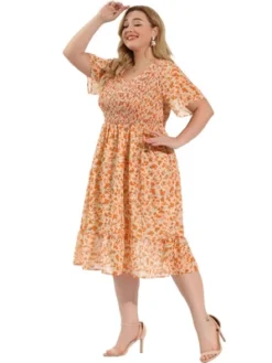 Agnes Orinda Women's Plus Size Outfits Smocked Elegant Floral Flare Midi Shirtdress