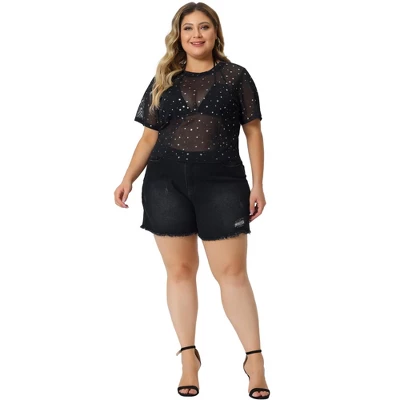 Agnes Orinda Women's Plus Size Silver Star Club Mesh Sheer Trendy Crop Blouses 2 Agnes Orinda Women's Plus Size Silver Star Club Mesh Sheer Trendy Crop Blouses - Image 2